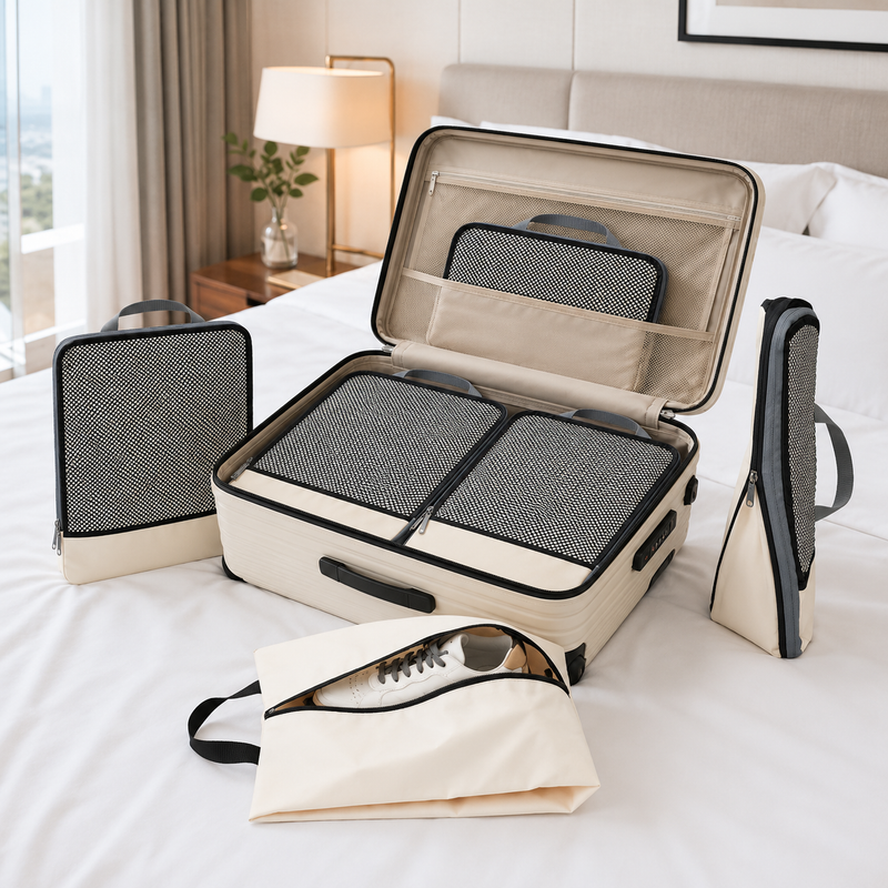 Packing cubes fitted inside a carry-on