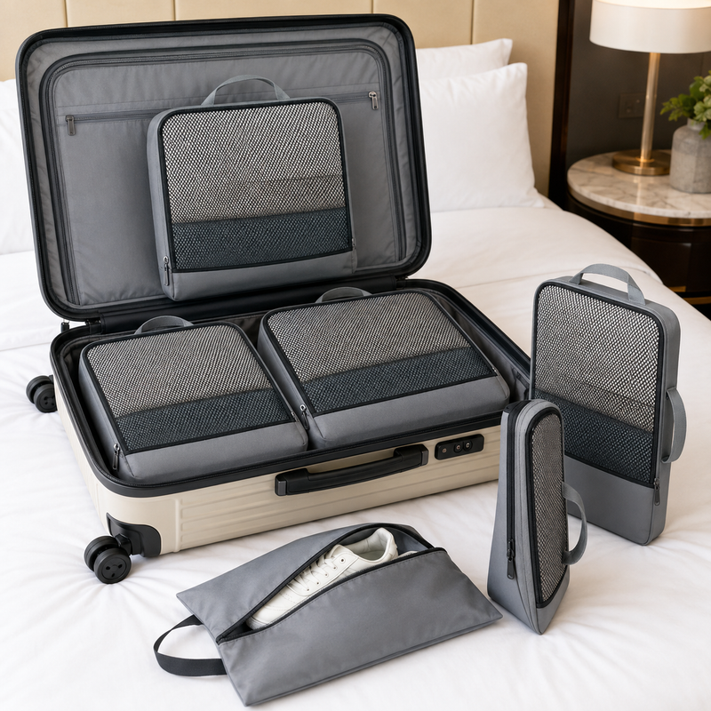 Compression cubes and shoe bag beside luggage